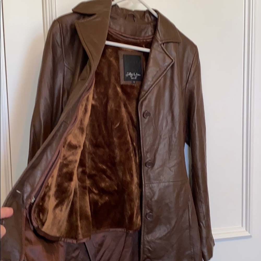 EUC BROWN LEATHER JACKET SMALL BROWN LEATHER COAT - Picture 8 of 16